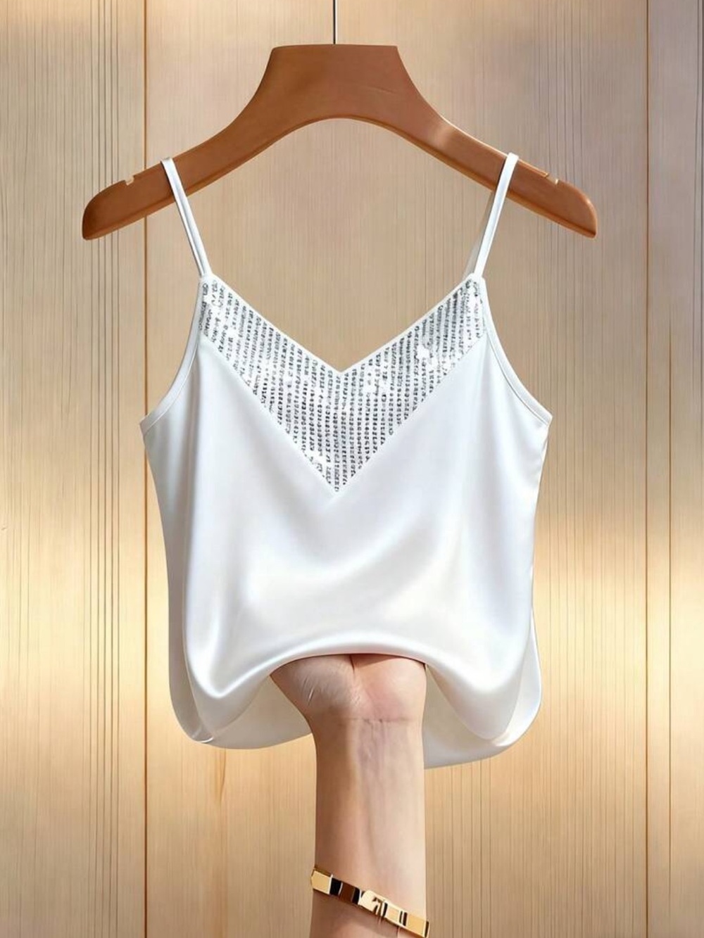 White Sequin-Trim Spaghetti Strap Cami